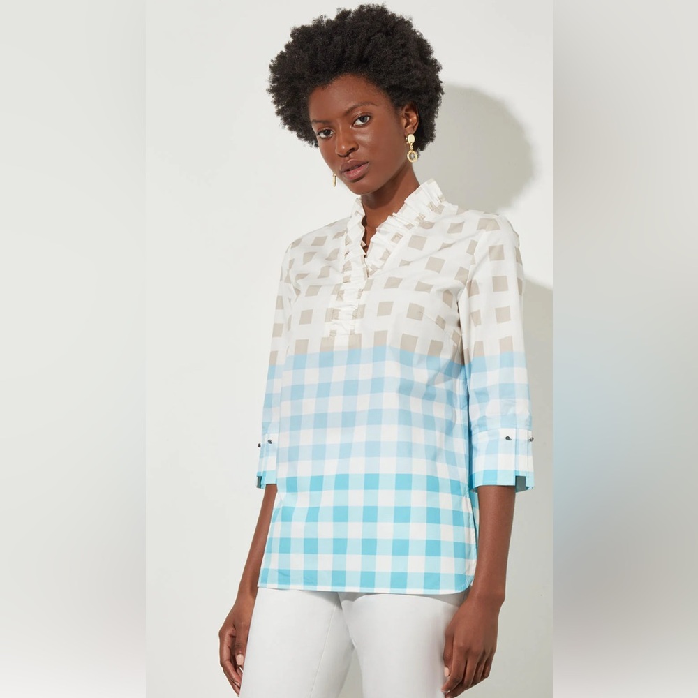 Ming Wang Ombre Gingham Ruffle V-Neck Blouse - Size M
 New With Tags 🏷️